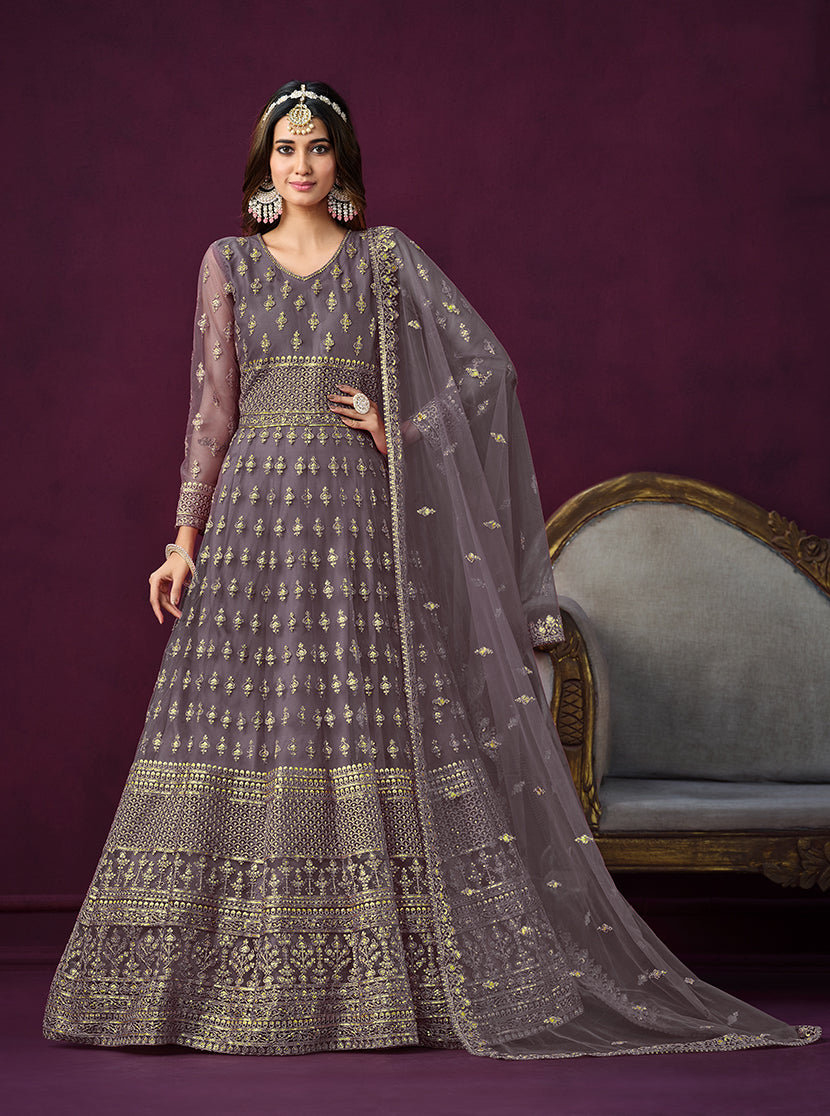 Light Purple Net With Embroidered Sequins Work Anarkali Suit