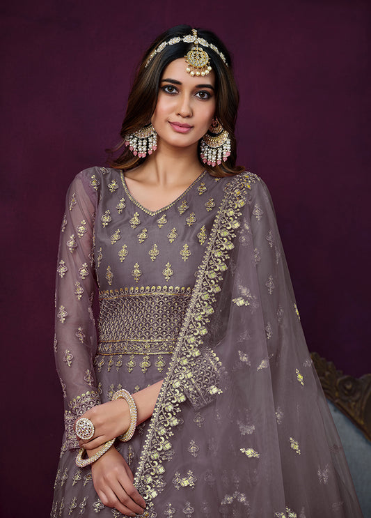 Light Purple Net With Embroidered Sequins Work Anarkali Suit