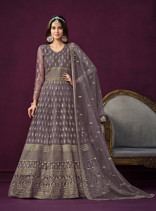 Light Purple Net With Embroidered Sequins Work Anarkali Suit