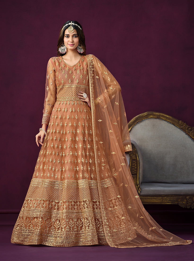 Light orange Net With Embroidered Sequins Work Anarkali Suit