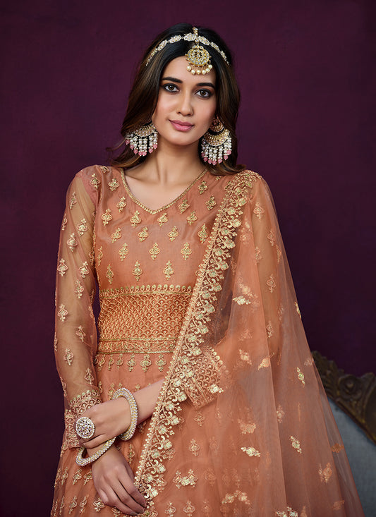 Light orange Net With Embroidered Sequins Work Anarkali Suit