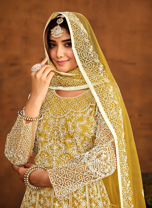 Yellow Net Embroidered Designer Floor Length Anarkali Suit