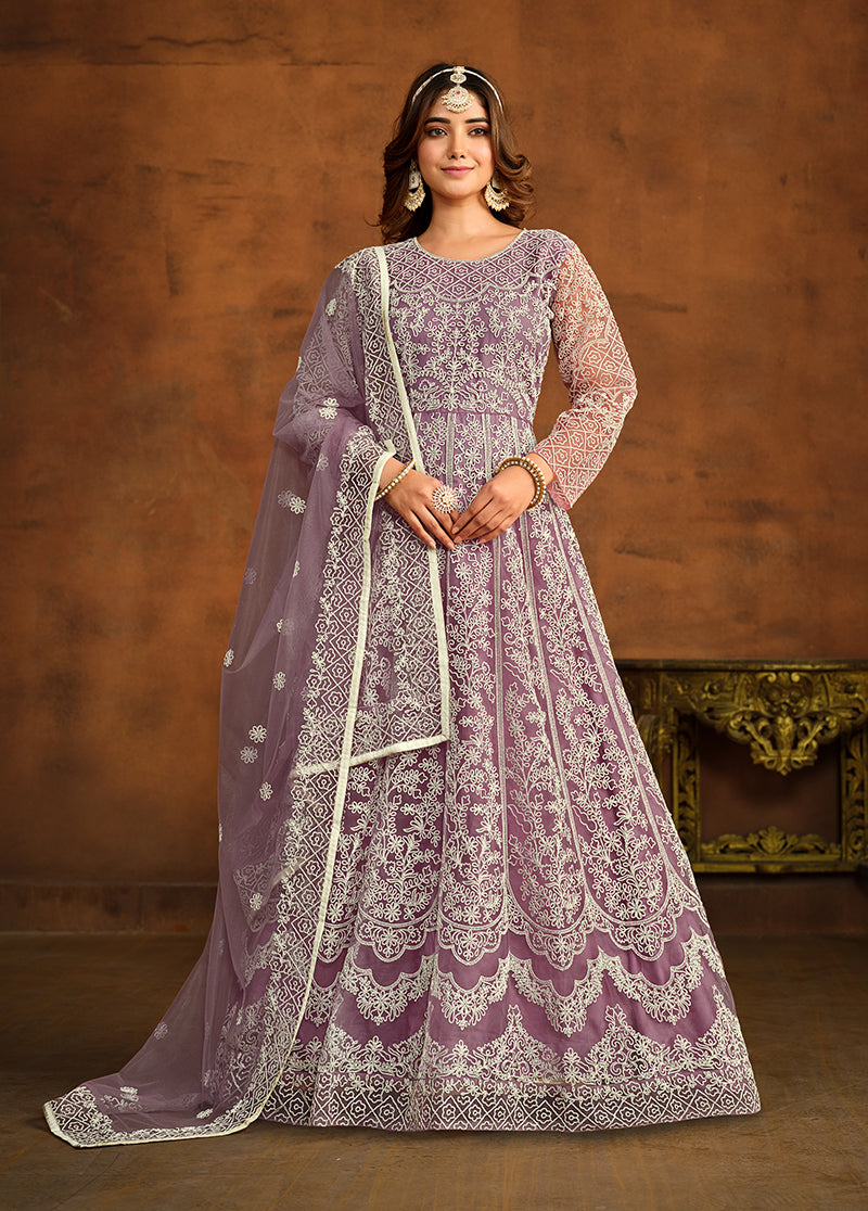 Orchid Net Embroidered Designer Floor Length Anarkali Suit