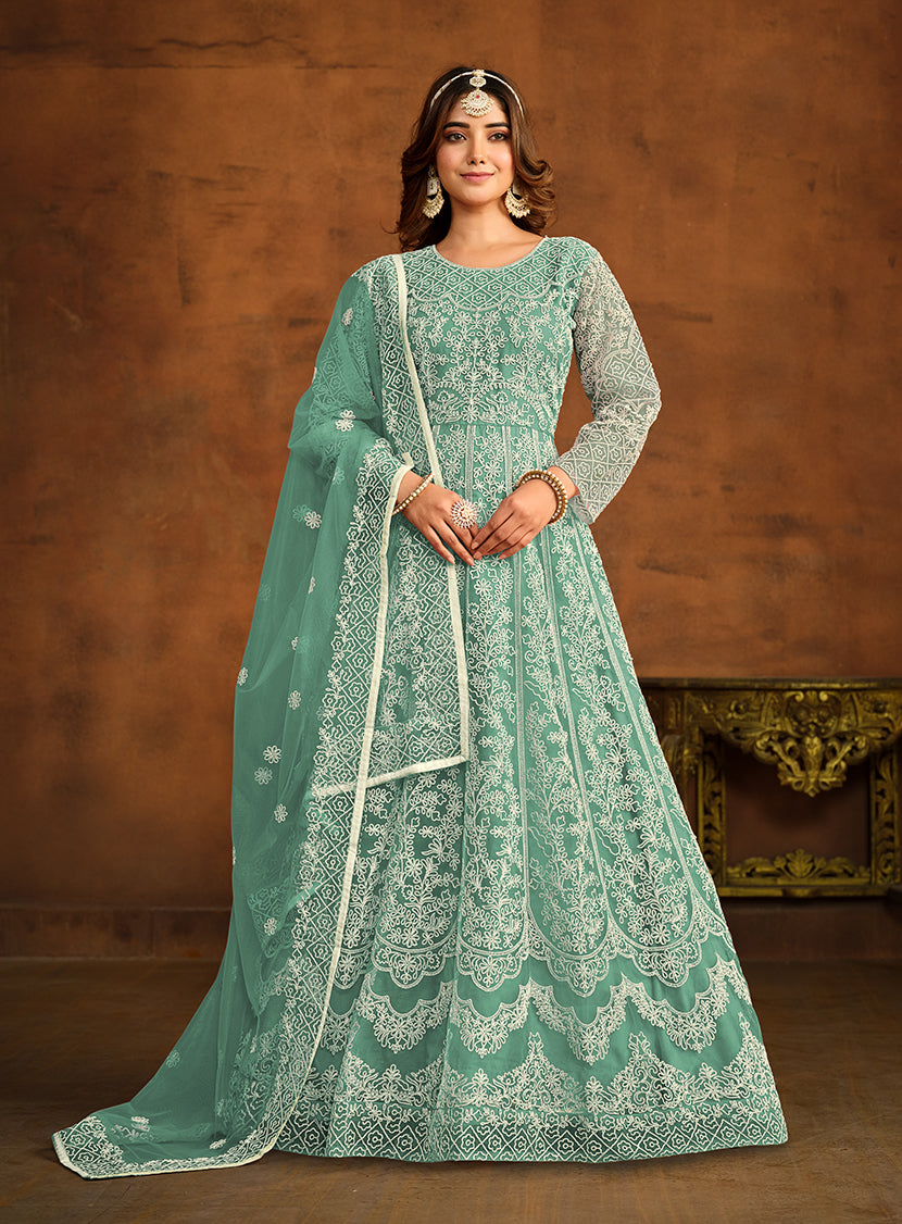Sea green Net Embroidered Designer Floor Length Anarkali Suit