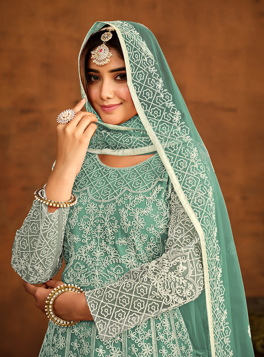 Sea green Net Embroidered Designer Floor Length Anarkali Suit