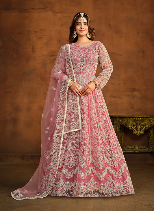 Light Pink Net Designer Floor Length Anarkali Suit - Monjolika Fashion