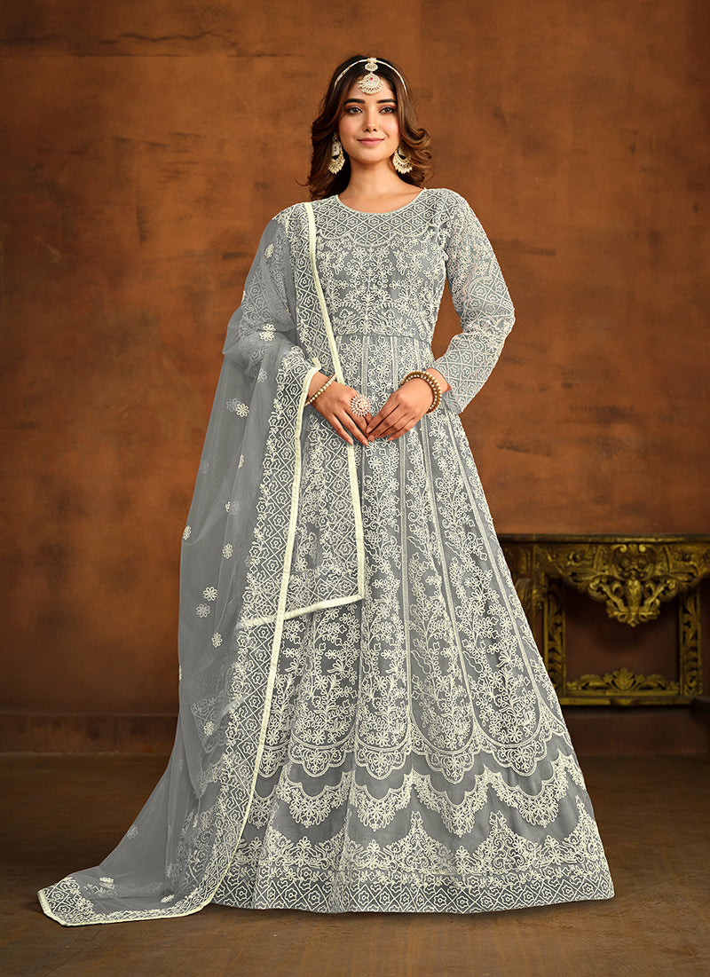 Grey Net Ceremonial Designer Floor Length Anarkali Suit - Monjolika Fashion