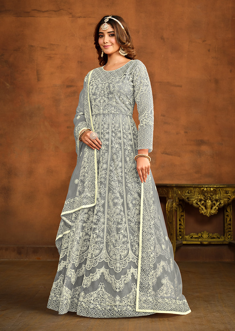 Grey Net Ceremonial Designer Floor Length Anarkali Suit - Monjolika Fashion