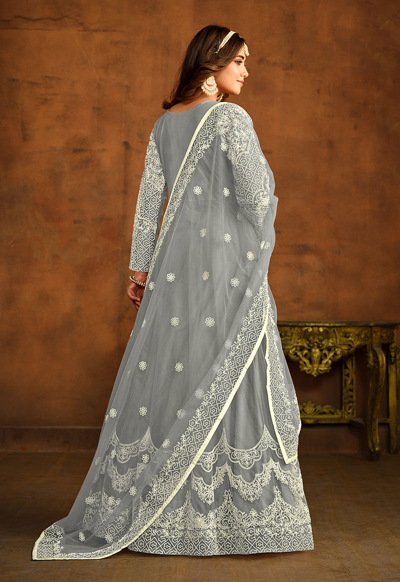 Grey Net Ceremonial Designer Floor Length Anarkali Suit - Monjolika Fashion