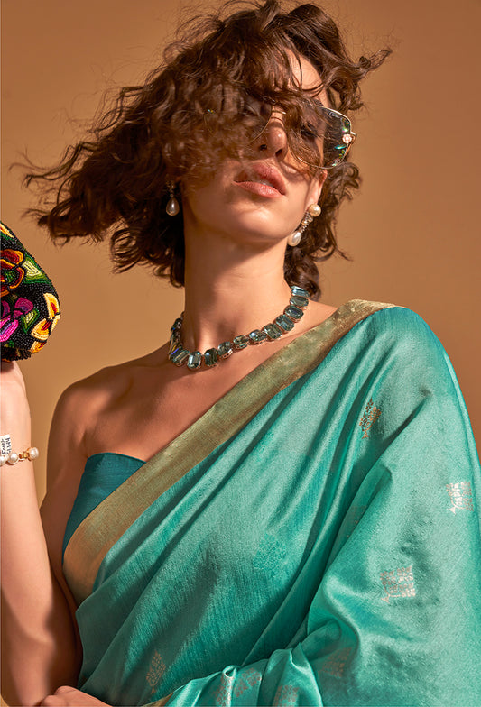Aqua Blue Handloom Silk Zari Weaving Classic Saree