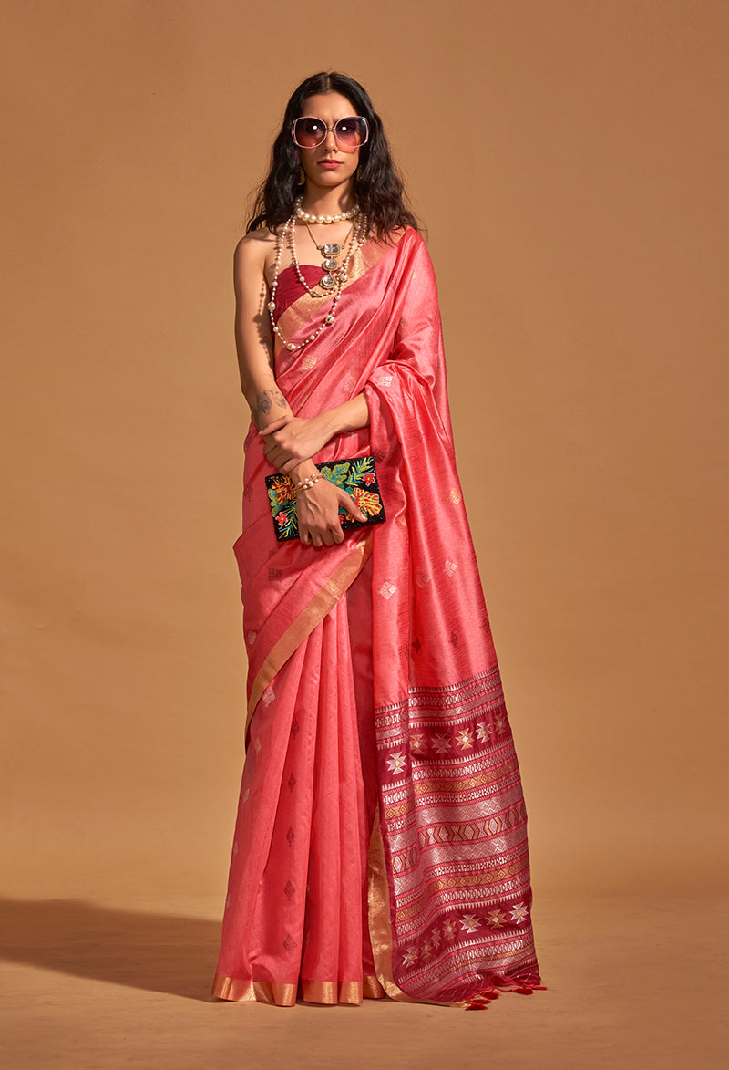 Light Red Handloom Silk Zari Weaving Classic Saree