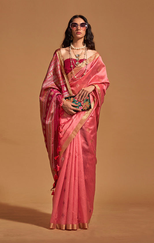 Light Red Handloom Silk Zari Weaving Classic Saree