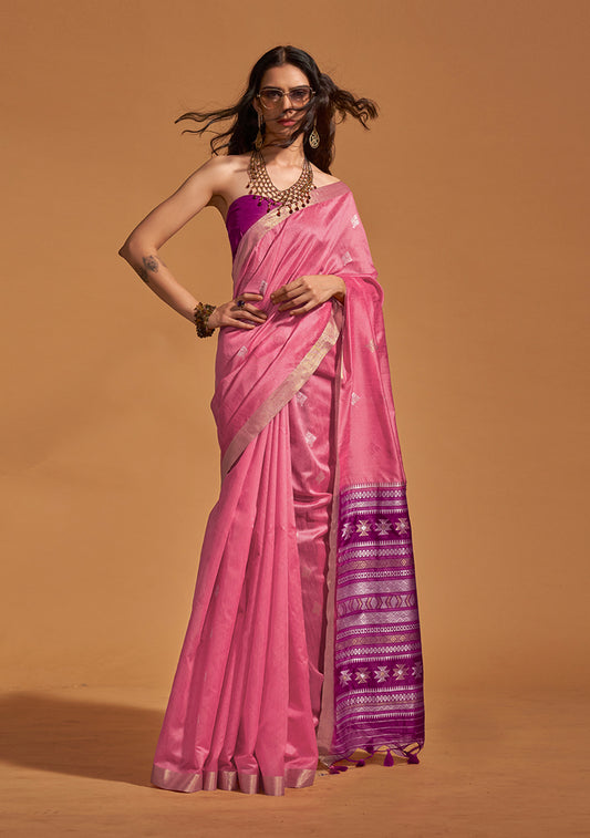 Pink Handloom Silk Zari Weaving Classic Saree