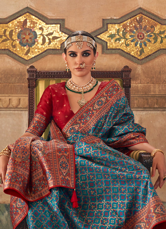 Teal Blue Banarasi Silk Weaving Work Saree