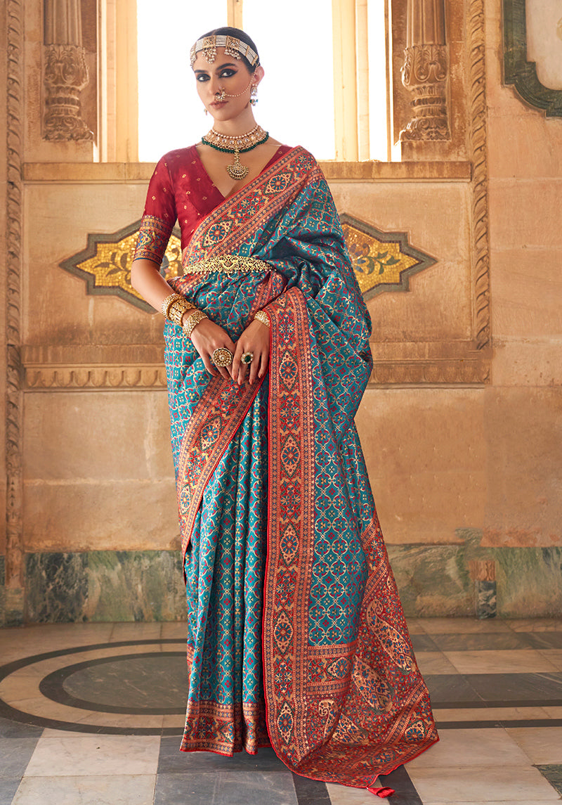 Teal Blue Banarasi Silk Weaving Work Saree