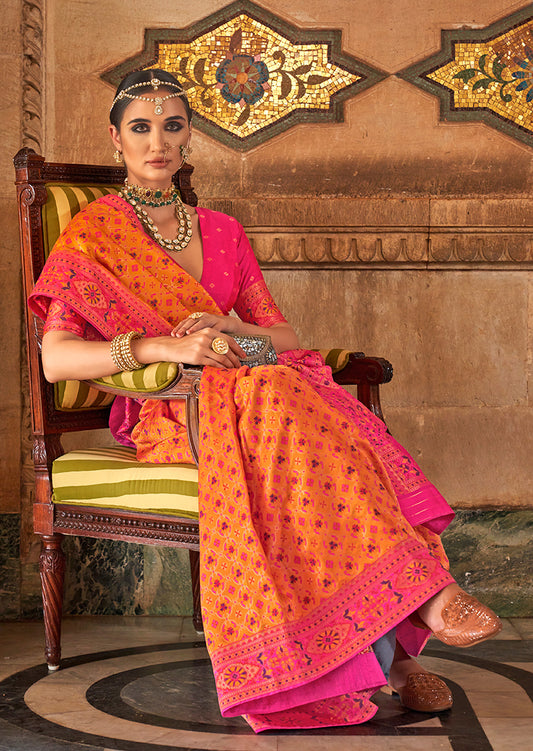 Orange Banarasi Silk Weaving Work Saree