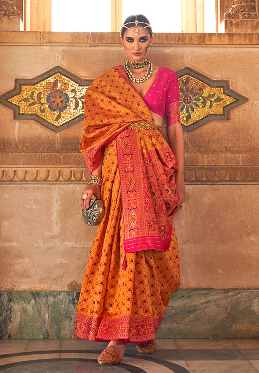 Orange Banarasi Silk Weaving Work Saree