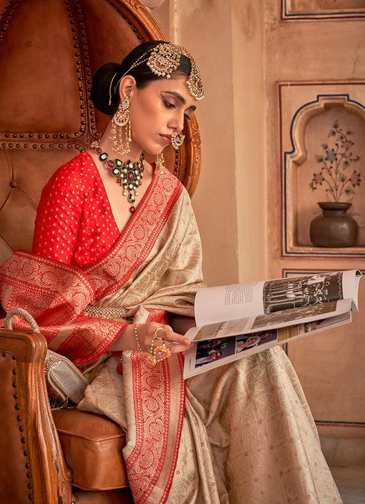Beige & Red Banarasi Silk Saree with Woven Detailing