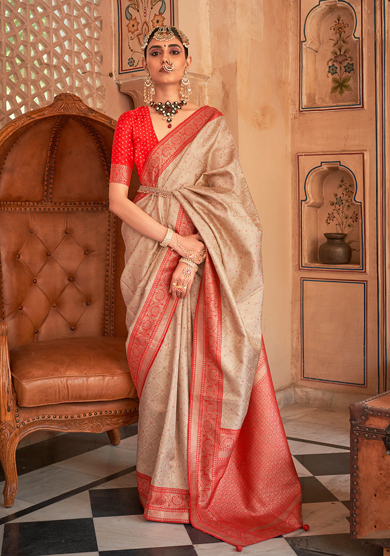Beige & Red Banarasi Silk Saree with Woven Detailing