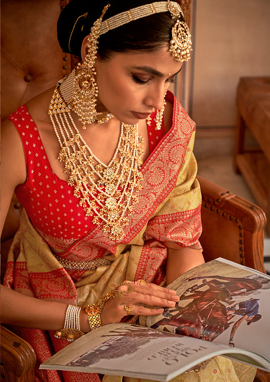 Mustard & Red Banarasi Silk Saree with Woven Detailing