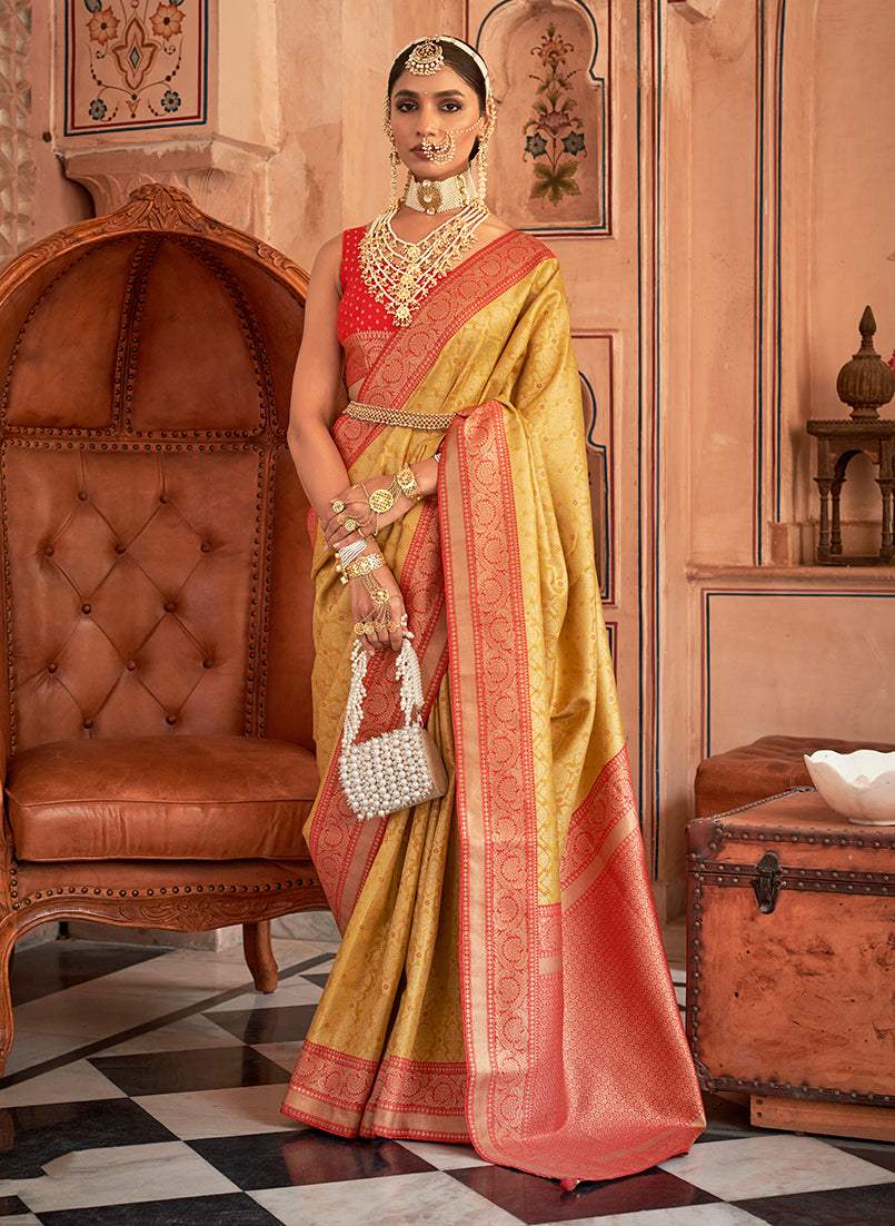 Mustard & Red Banarasi Silk Saree with Woven Detailing