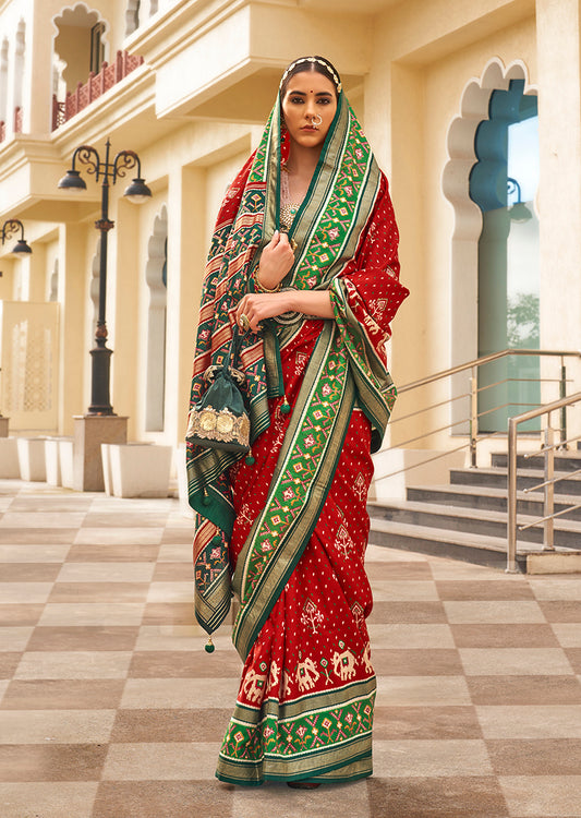 Green And Red Silk Patola print Work saree