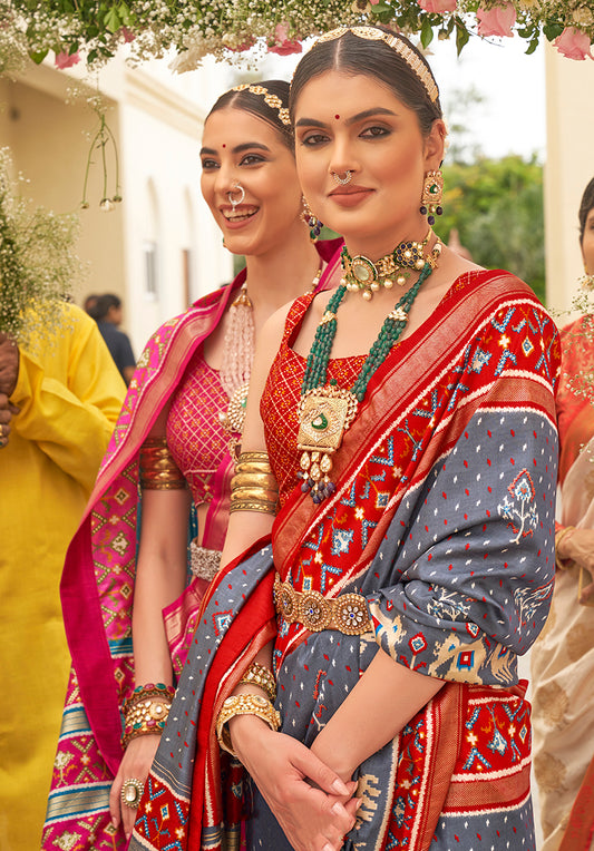 Grey And Red Silk Patola print Work saree