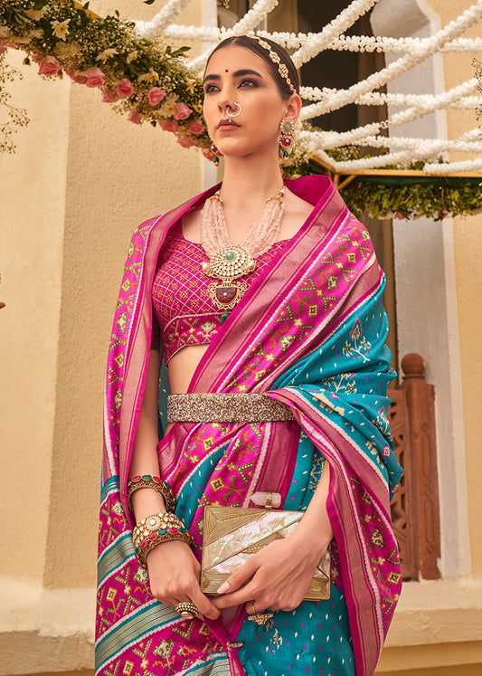 Light Blue And Rani Pink Silk Patola print Work saree