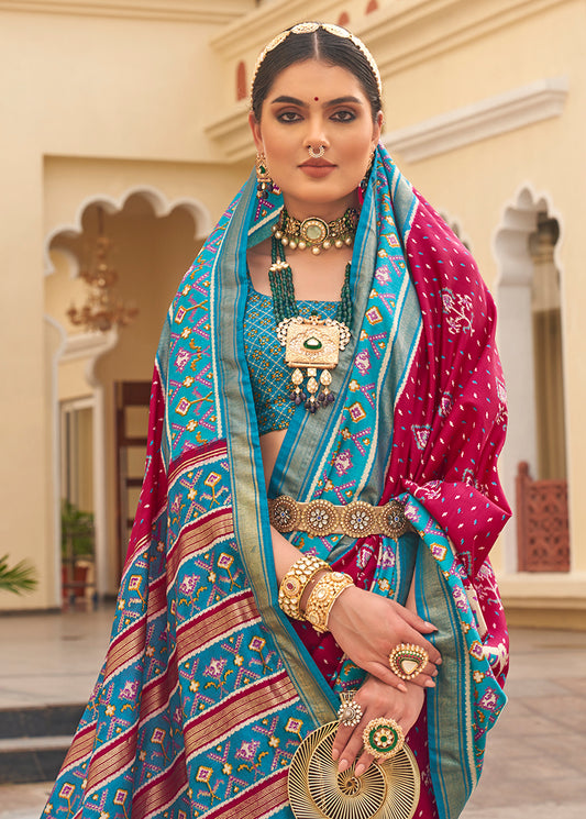 Dark Magenta And Light Blue Silk Patola print Work saree