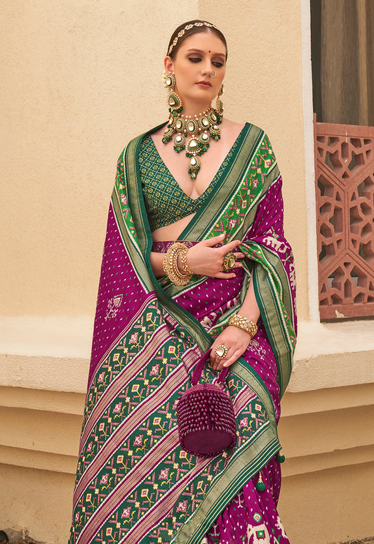 Dark Purple And Green Silk Patola print Work saree