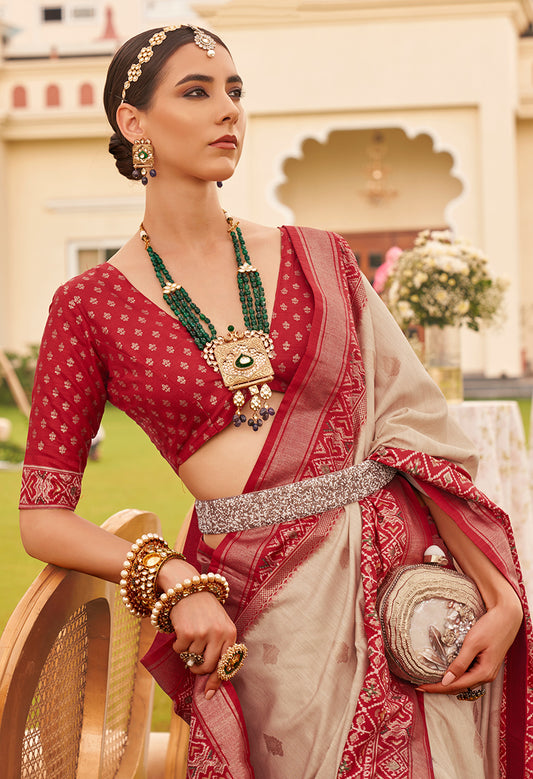 Beige & Maroon Silk patola Printed Saree