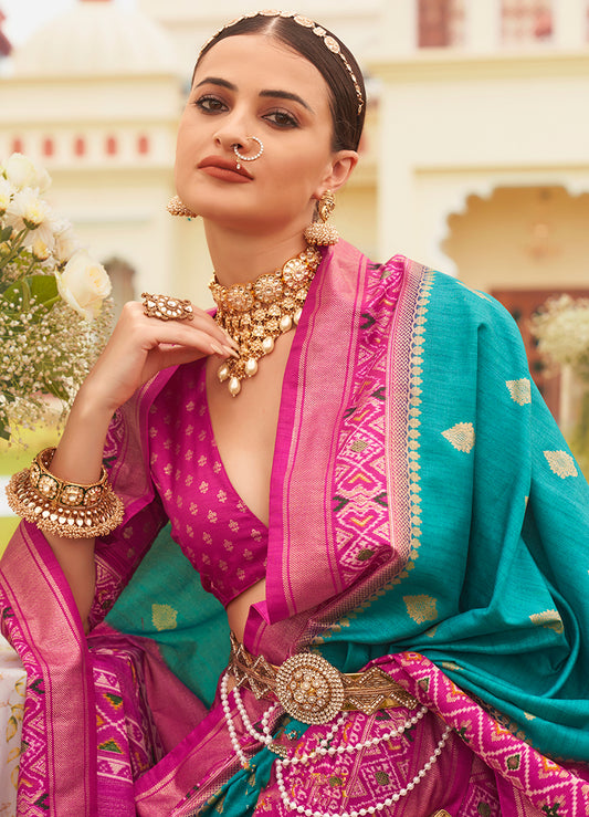 Aqua Blue & Rani Pink Silk patola Printed Saree