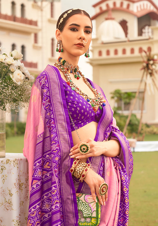 Baby Pink & Violet Silk patola Printed Saree