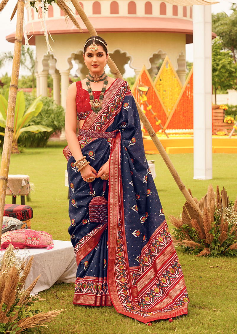 Navy Blue & Maroon Silk patola Printed Saree