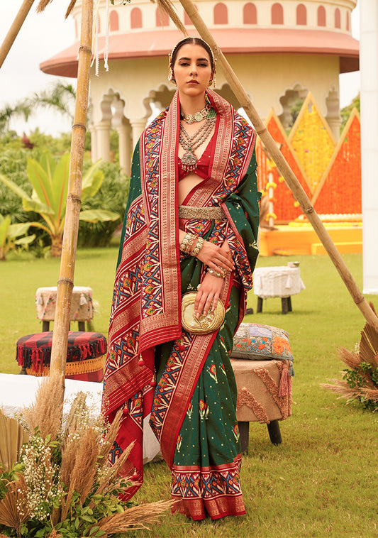 Dark Green & Maroon Silk patola Printed Saree