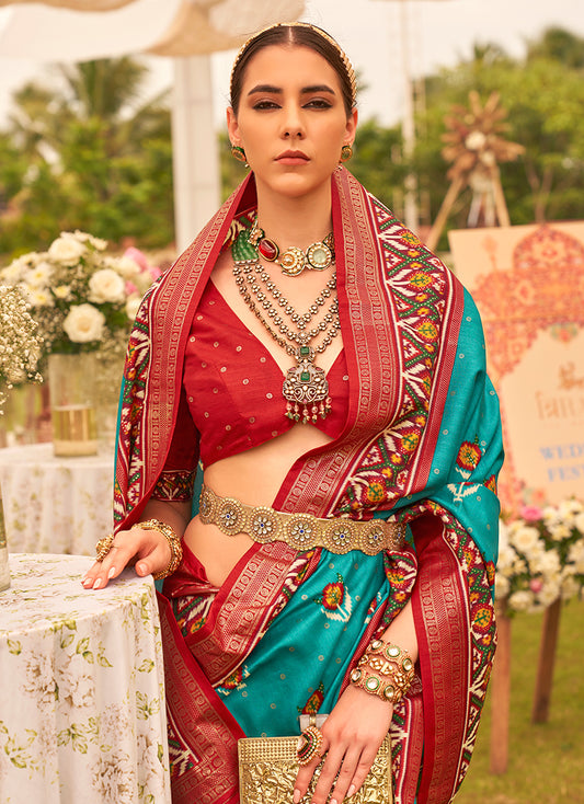 Aqua Blue & Maroon Silk patola Printed Saree