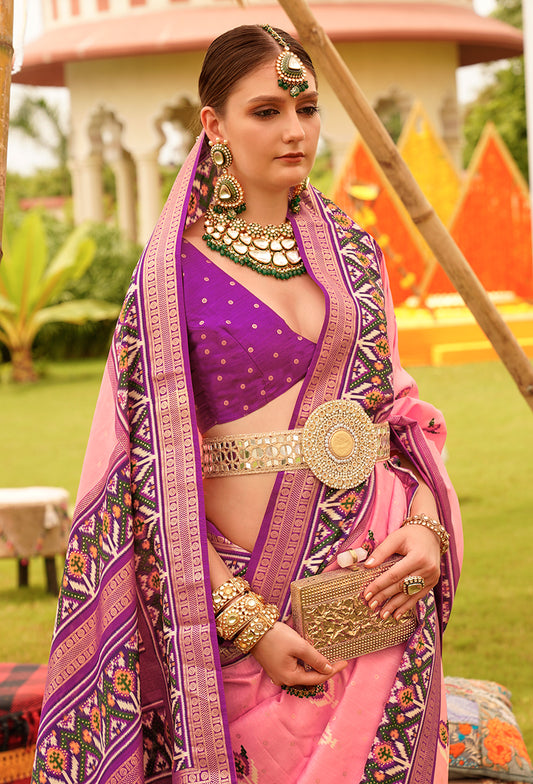 Light Pink & Violet Silk patola Printed Saree