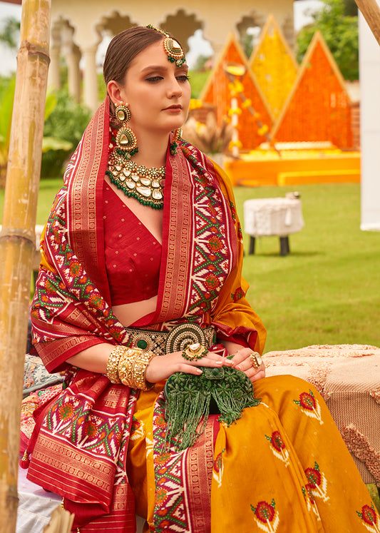 Amber & Maroon Silk patola Printed Saree