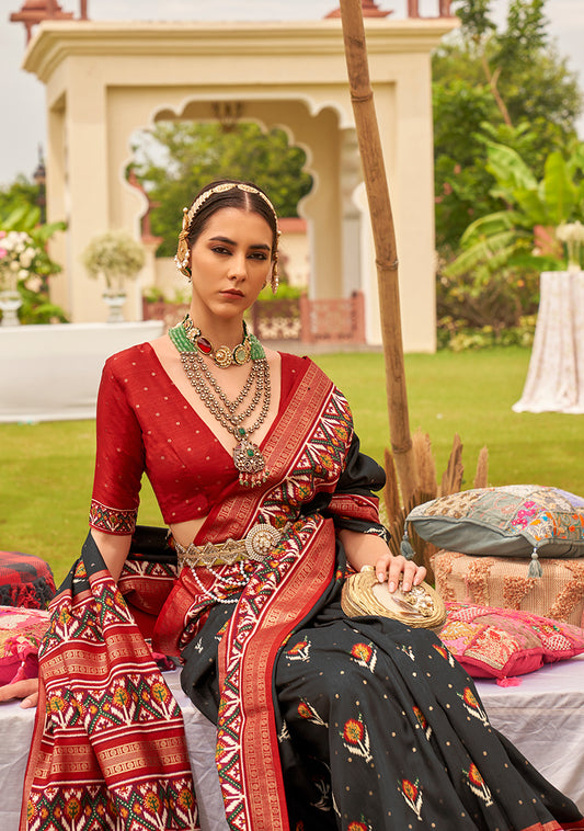 Black & Maroon Silk patola Printed Saree