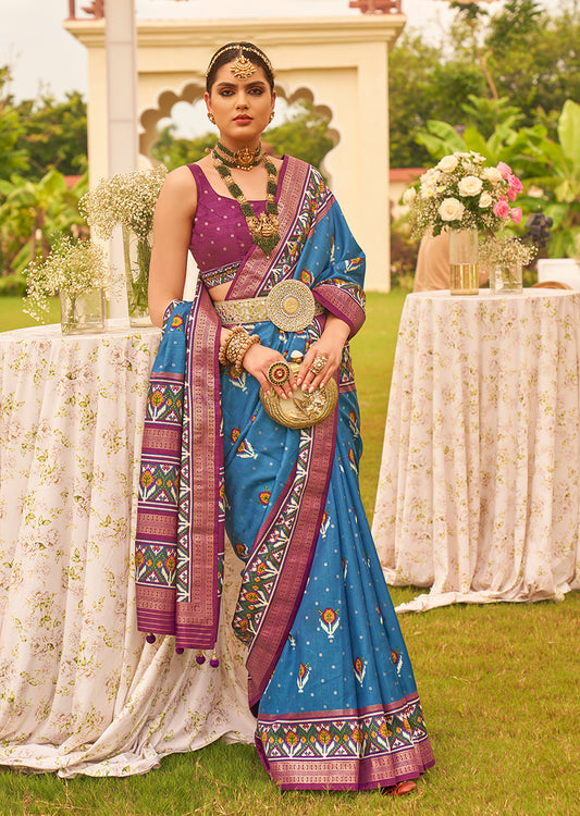 Blue & Burgundy Silk patola Printed Saree