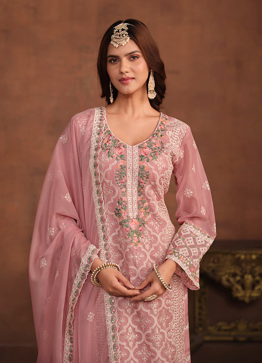Light Pink Soft Organza Embroidered Salwar Kameez - Monjolika Fashion