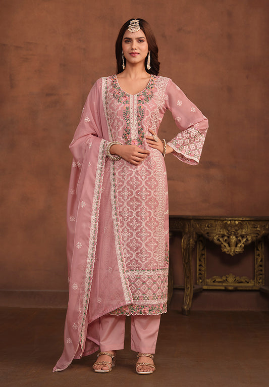 Light Pink Soft Organza Embroidered Salwar Kameez - Monjolika Fashion