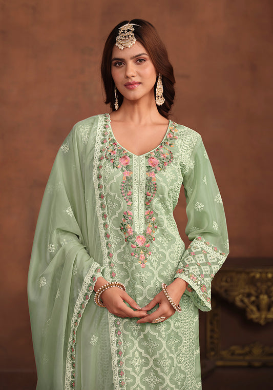 Light Green Soft Organza Embroidered Salwar Kameez - Monjolika Fashion