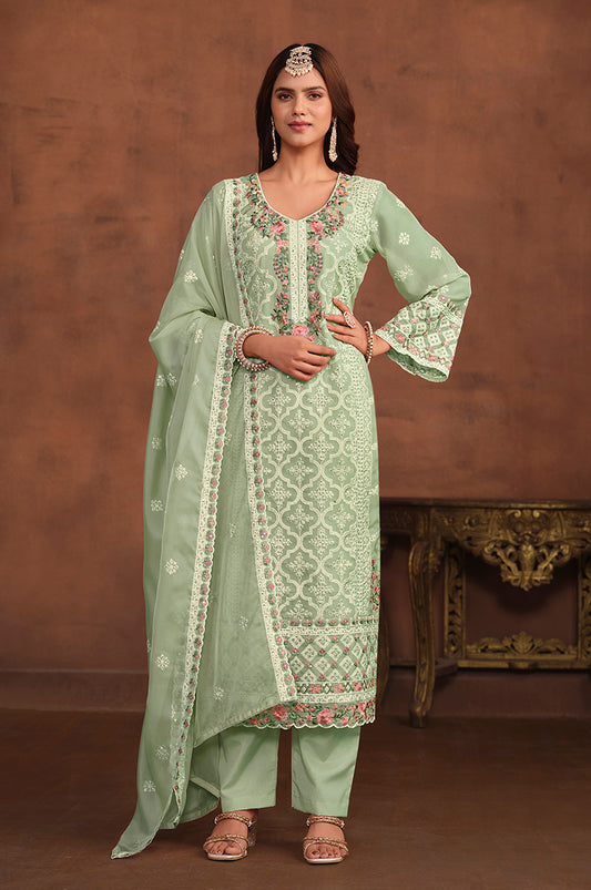 Light Green Soft Organza Embroidered Salwar Kameez - Monjolika Fashion