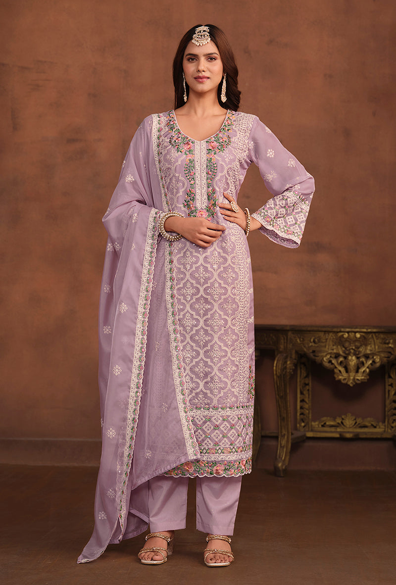 Lavender Soft Organza Embroidered Salwar Kameez