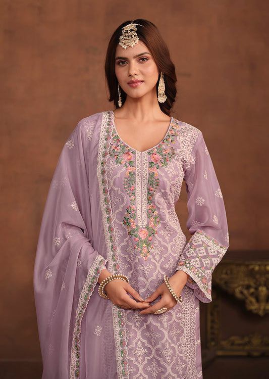 Lavender Soft Organza Embroidered Salwar Kameez - Monjolika Fashion