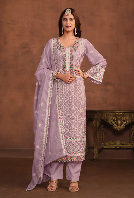 Lavender Soft Organza Embroidered Salwar Kameez - Monjolika Fashion