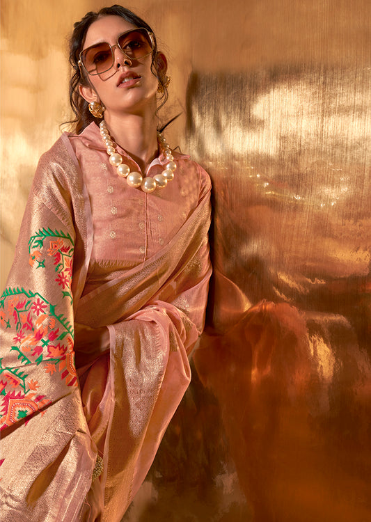 Peach Tissue Silk Zari Woven Saree With Paithani Style Pallu