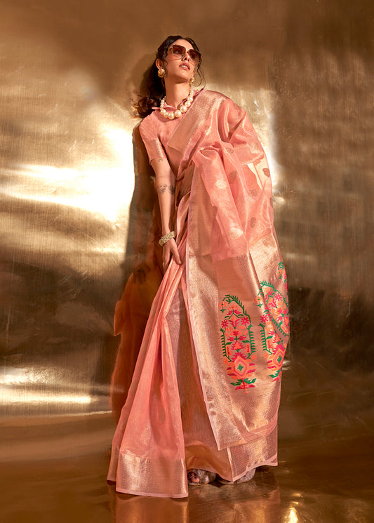 Peach Tissue Silk Zari Woven Saree With Paithani Style Pallu