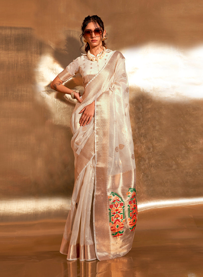 Off-White Tissue Silk Zari Woven Saree With Paithani Style Pallu